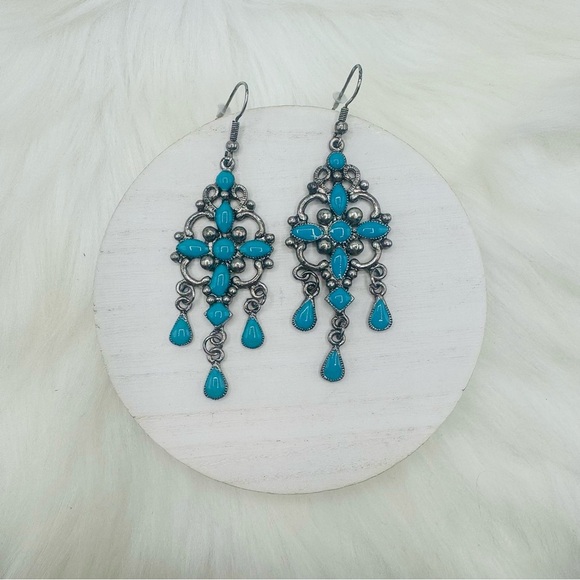 Chandelier Long Fashion Statement Turquoise Earrings - Picture 2 of 3